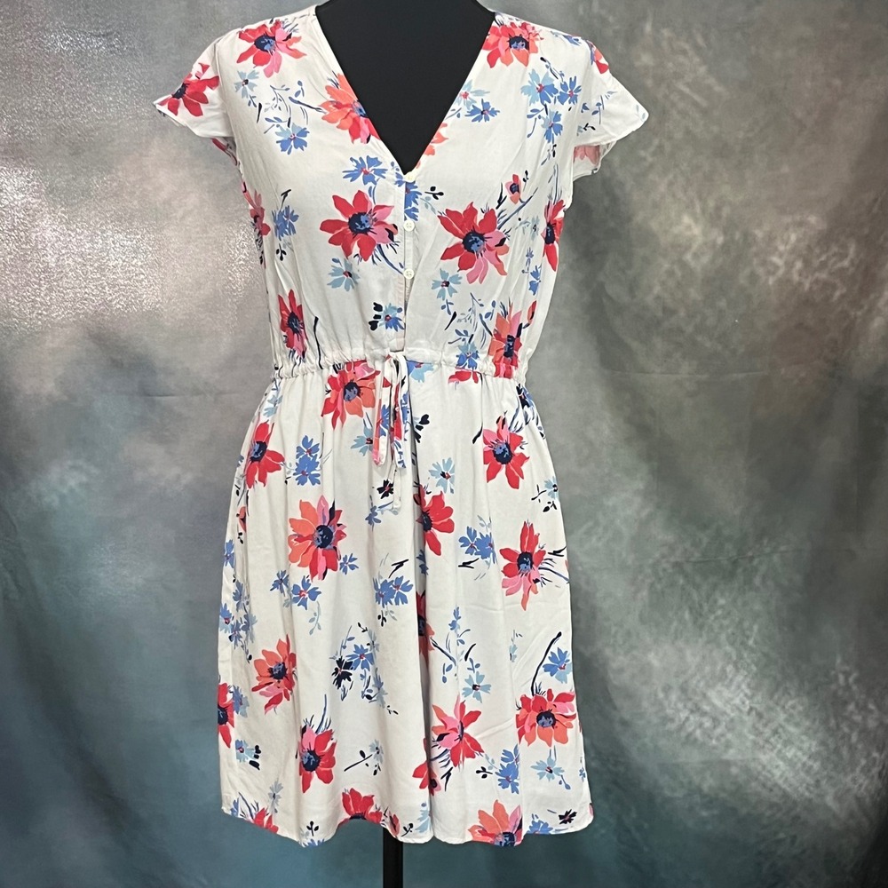 Gap Womens Floral V-Neck Button Front Drawstring Waist Dress White Size Medium